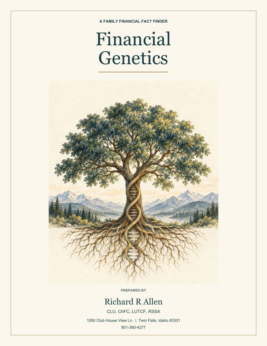 Financial Genetics workbook cover featuring a family tree with a DNA-inspired trunk, prepared by Richard R Allen